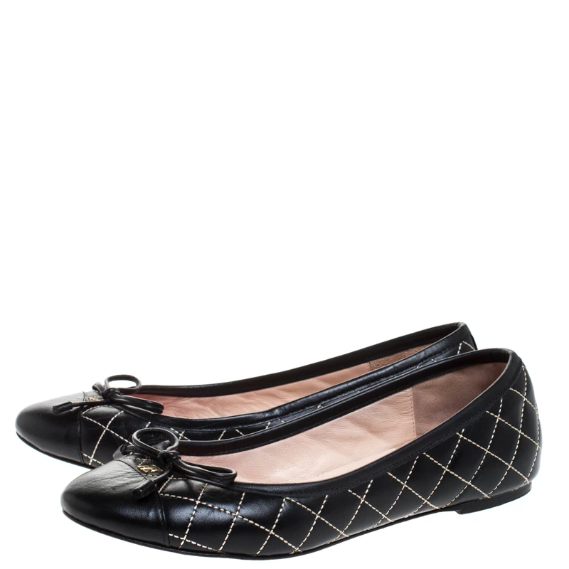 Carolina Herrera Black Quilted Leather Bow Ballet Flats Size 37 Women - Blue