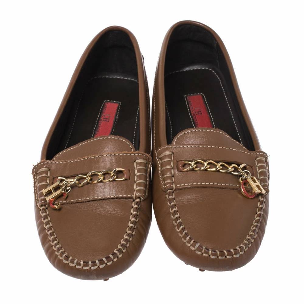 Carolina Herrera Brown Leather Chain Detail Loafers Size 37 Women