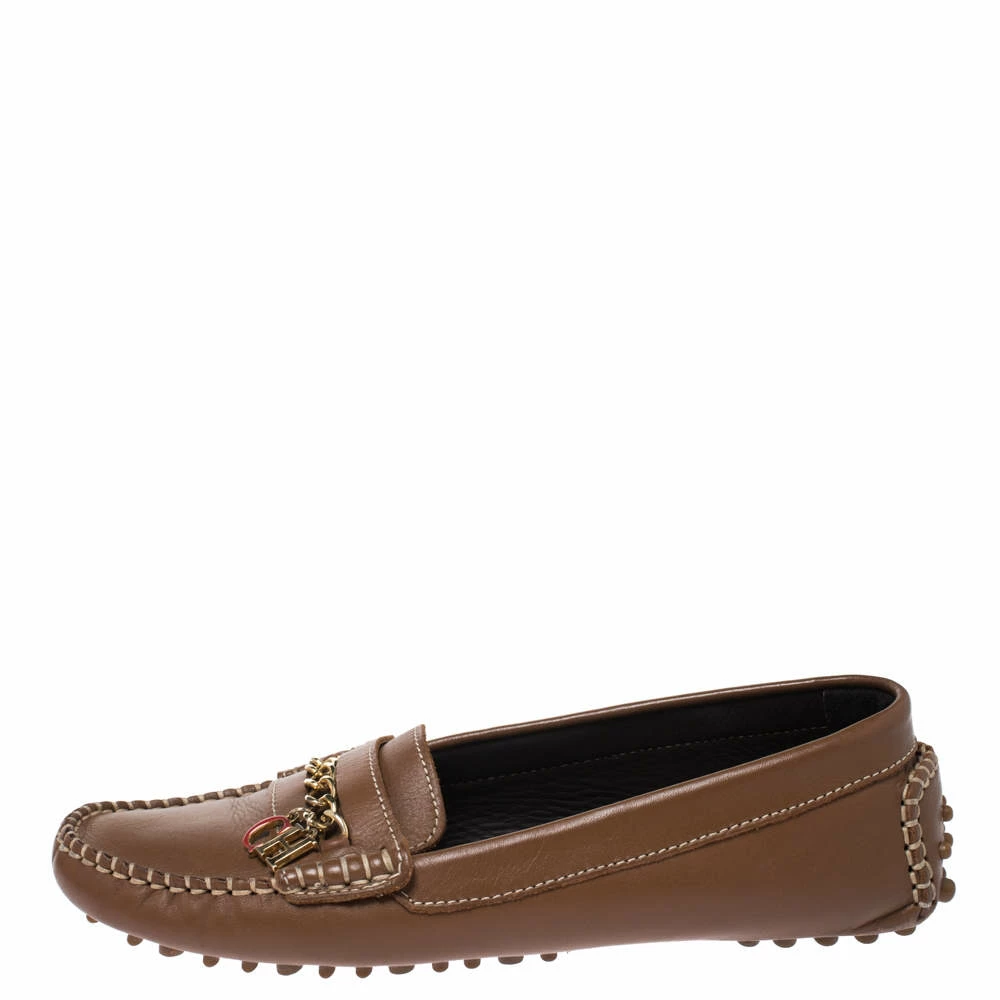 Carolina Herrera Brown Leather Chain Detail Loafers Size 37 Women