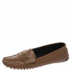 Carolina Herrera Brown Leather Chain Detail Loafers Size 37 Women
