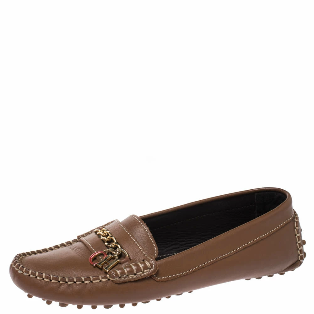 Carolina Herrera Brown Leather Chain Detail Loafers Size 37 Women