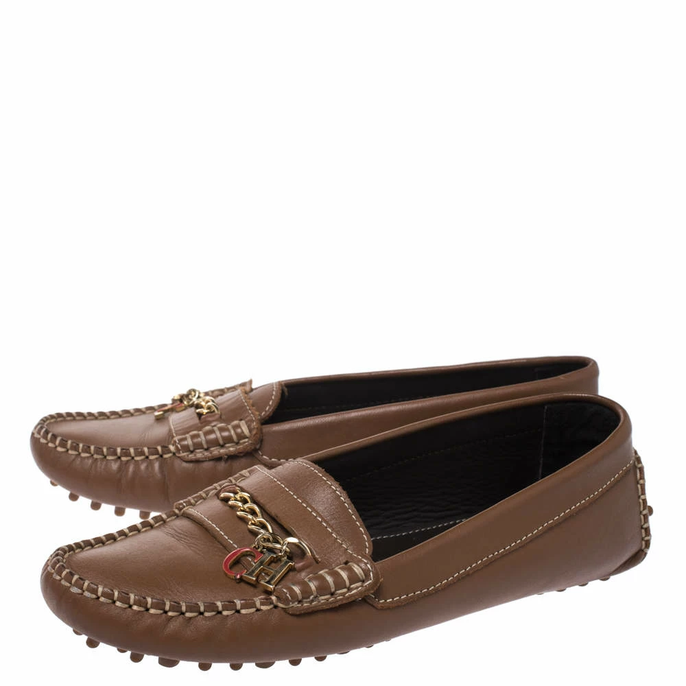 Carolina Herrera Brown Leather Chain Detail Loafers Size 37 Women