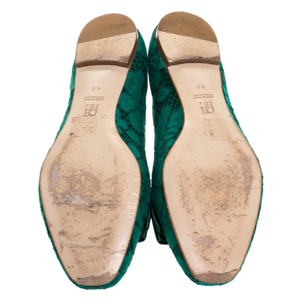 Carolina Herrera Green Lace Bow Ballet Flats Size 40 Women