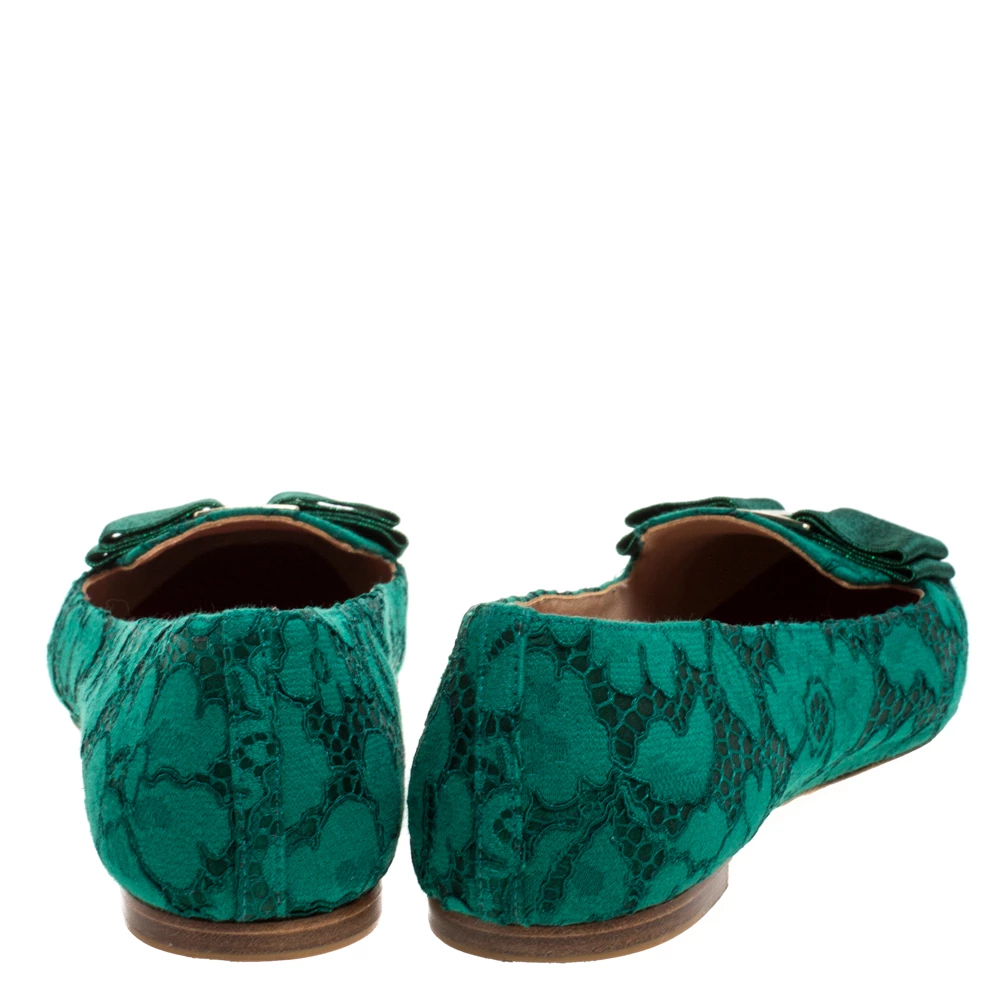 Carolina Herrera Green Lace Bow Ballet Flats Size 40 Women