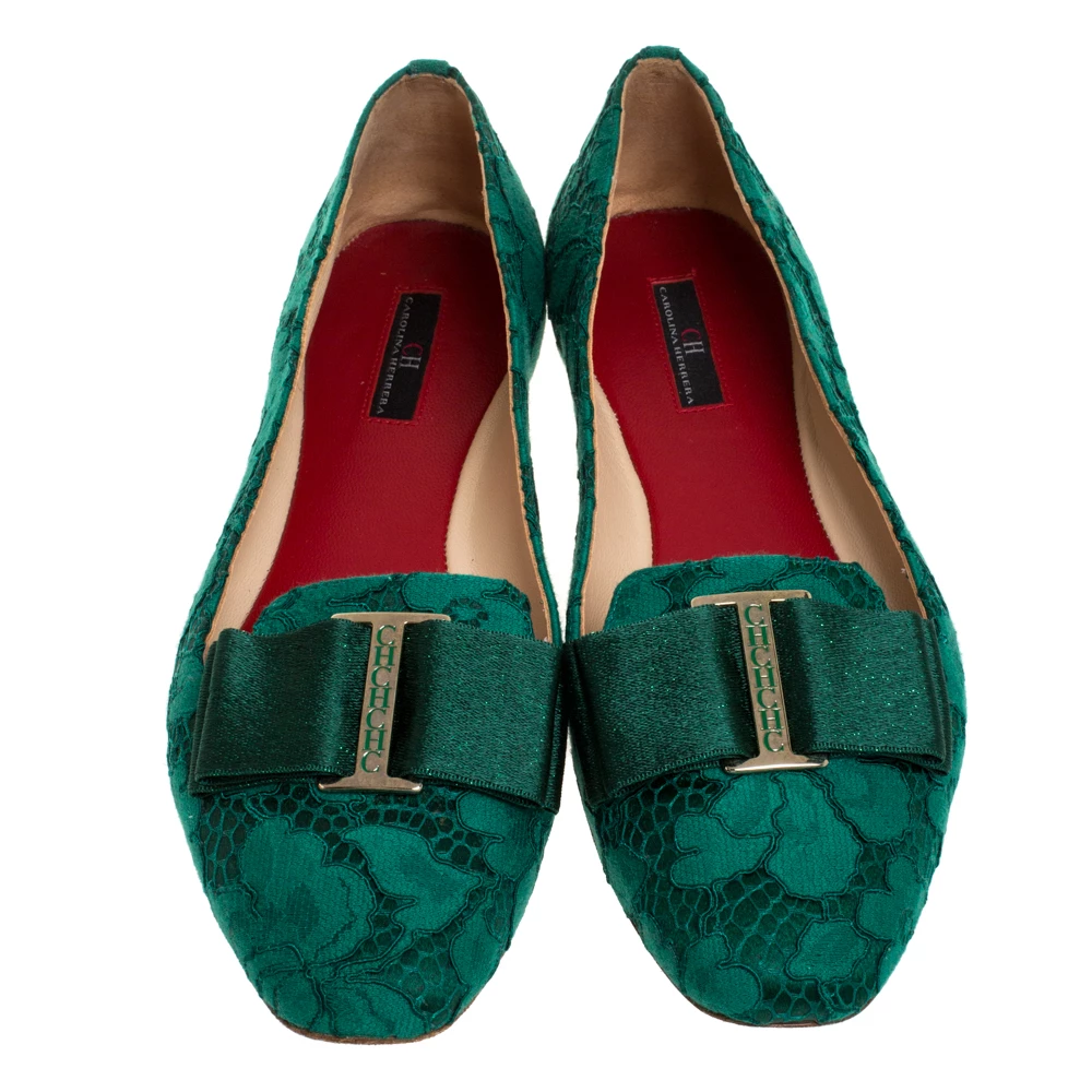 Carolina Herrera Green Lace Bow Ballet Flats Size 40 Women