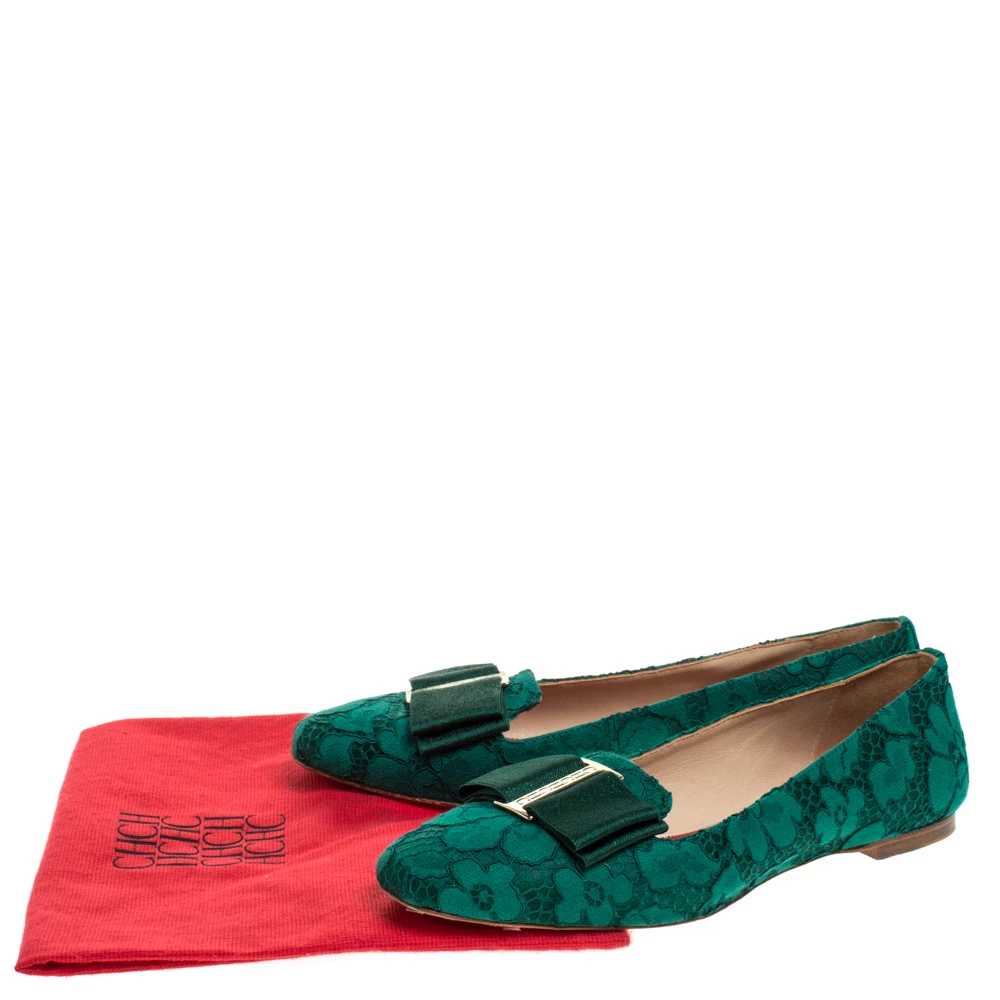 Carolina Herrera Green Lace Bow Ballet Flats Size 40 Women