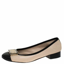 Carolina Herrera Beige/Black Leather And Grosgrain Trim Cap Toe Logo Ballet Flats Size 38 Women