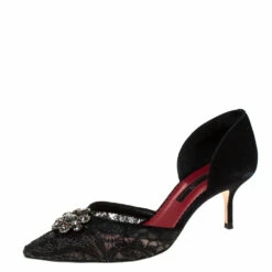 Carolina Herrera Black Suede And Lace Crystal Embellished D'orsay Pumps Size 39 Women