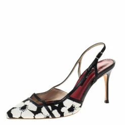 Carolina Herrera Black/White Floral Embossed Fabric Pointed Toe Slingback Pumps Size 37 Women