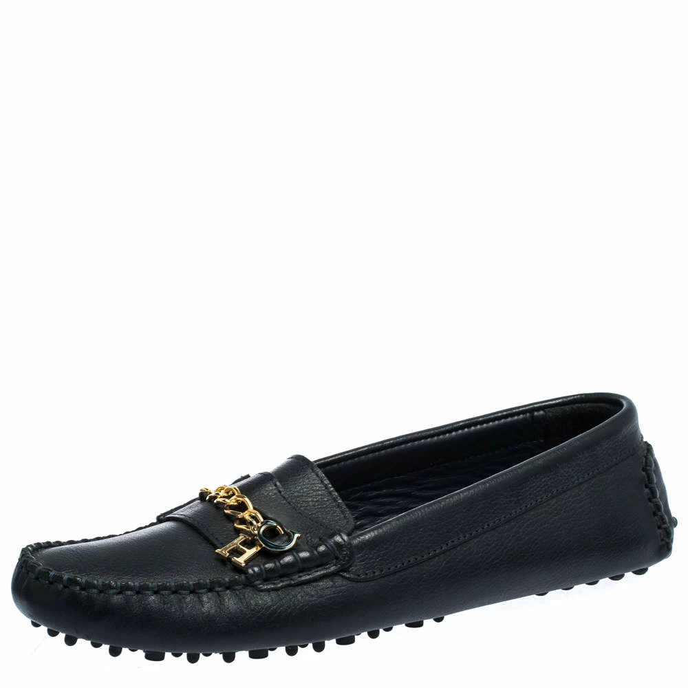 Carolina Herrera Navy Blue Leather Logo Chain Loafers Size 39 Women