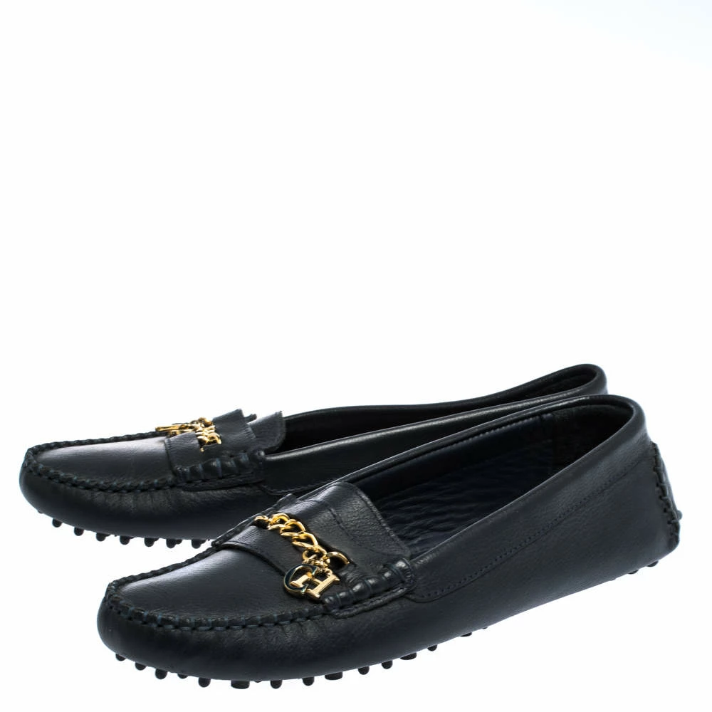Carolina Herrera Navy Blue Leather Logo Chain Loafers Size 39 Women