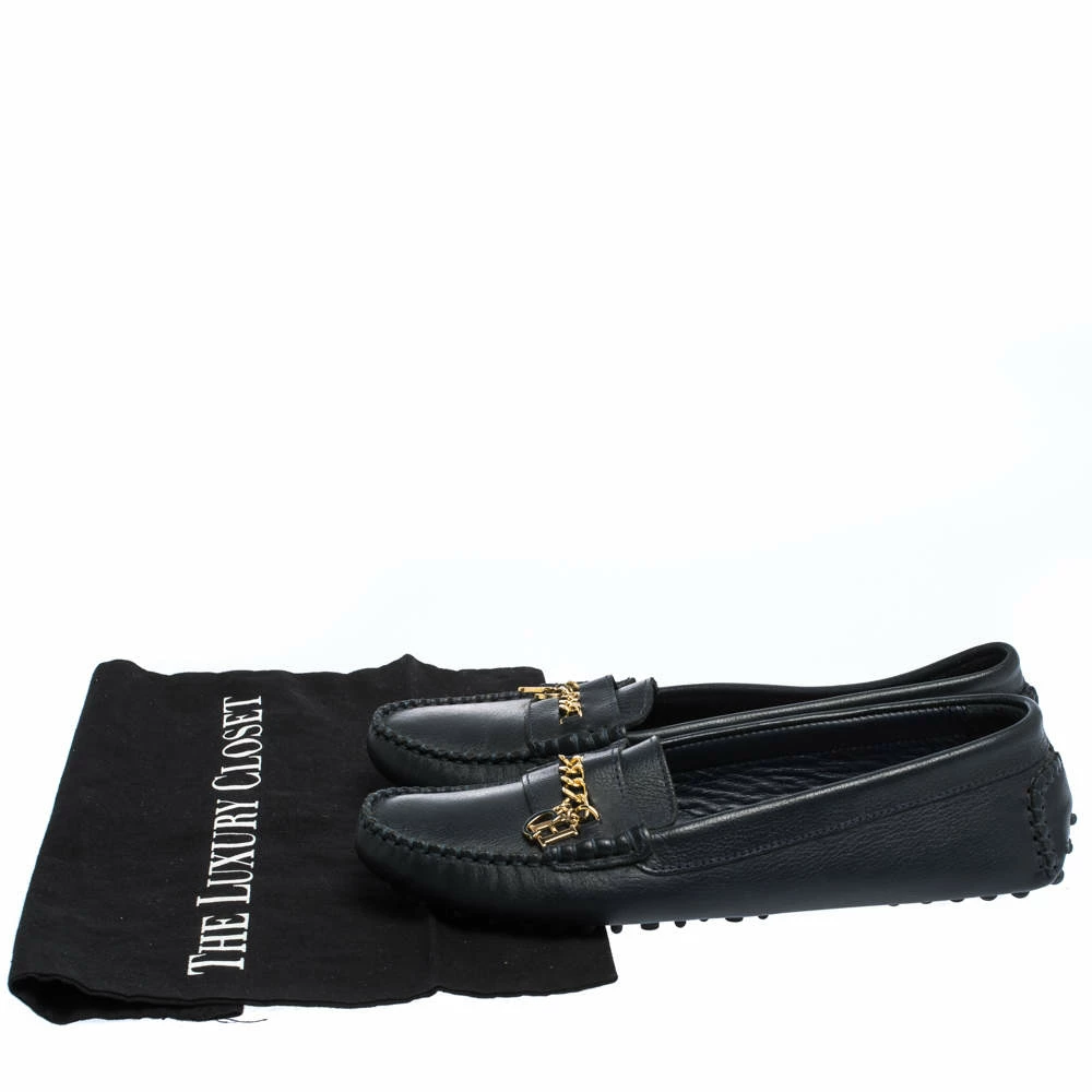 Carolina Herrera Navy Blue Leather Logo Chain Loafers Size 39 Women