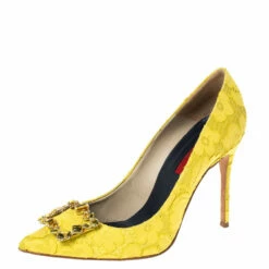 Carolina Herrera Yellow Lace And Satin Crystal Embellished Pointed Toe Pumps Size 40 Women
