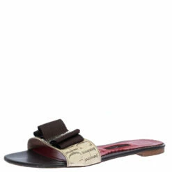 Carolina Herrera Brown CH Logo Coated Canvas Bow Detail Flat Slides Size 38 Women