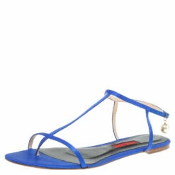 Carolina Herrera Blue Satin Pearl Logo T Strap Flat Sandals Size 41 Women