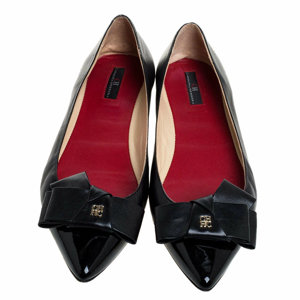 Carolina Herrera Black Leather Bow Ballet Flats Size 38 Women