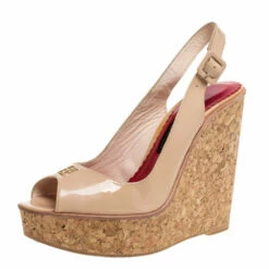 Carolina Herrera Beige Patent Leather Cork Wedge Platform Peep Toe Slingback Sandals Size 38 Women