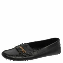 Carolina Herrera Navy Blue Leather Logo Chain Loafers Size 41 Women