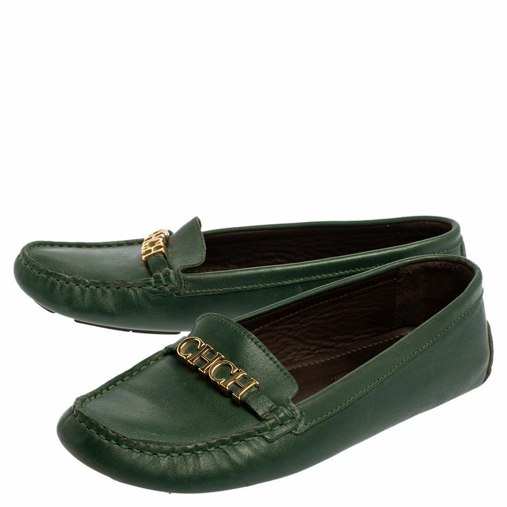Carolina Herrera Green Leather Logo Detail Slip On Loafers Size 39 Women