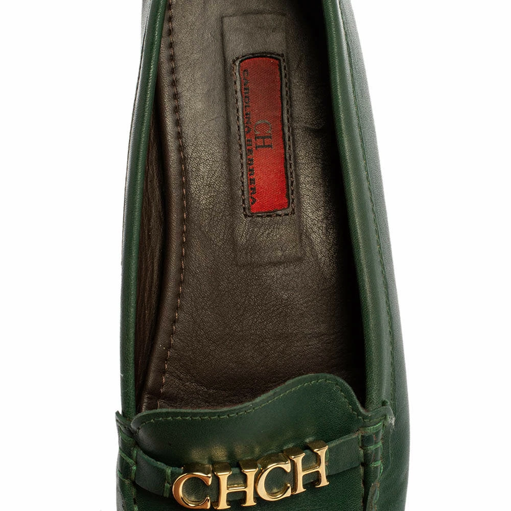 Carolina Herrera Green Leather Logo Detail Slip On Loafers Size 39 Women