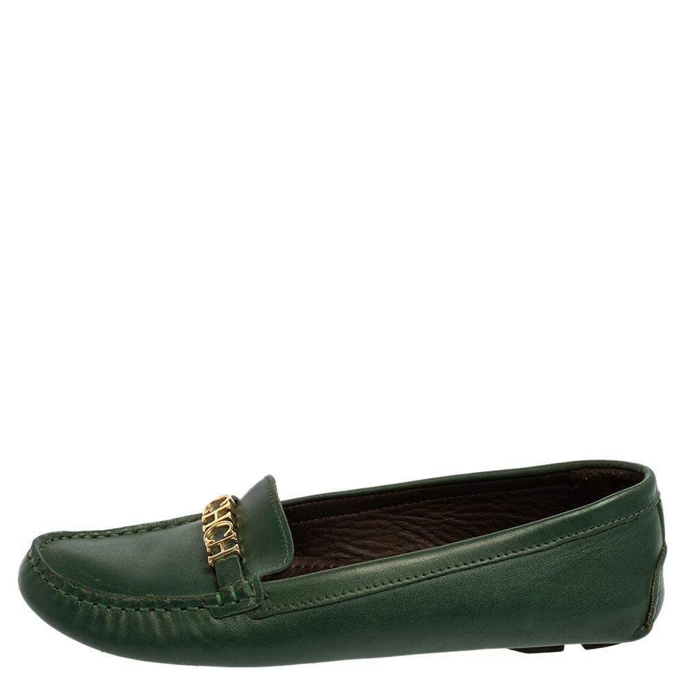 Carolina Herrera Green Leather Logo Detail Slip On Loafers Size 39 Women