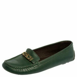 Carolina Herrera Green Leather Logo Detail Slip On Loafers Size 39 Women