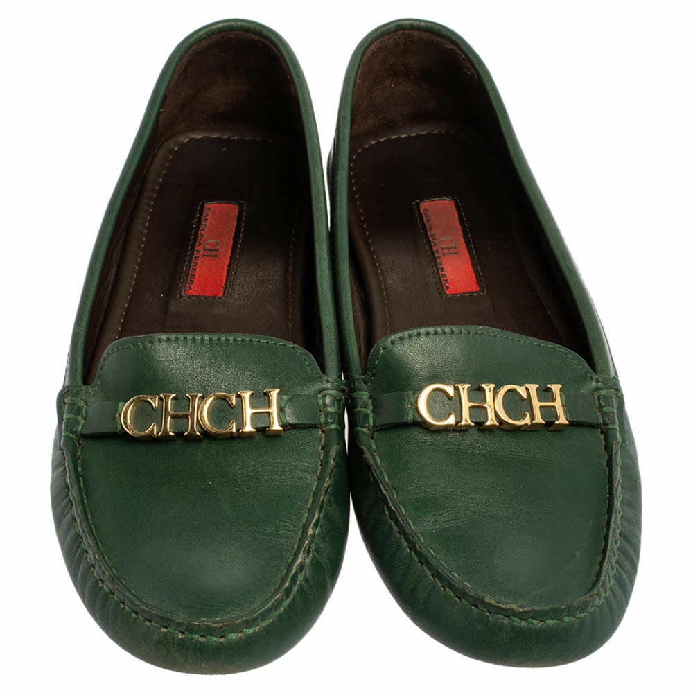 Carolina Herrera Green Leather Logo Detail Slip On Loafers Size 39 Women