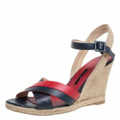 Carolina Herrera Red Black Leather Criss Cross Wedge Espadrille Ankle Strap Sandals Size 41 Women - Navy Blue