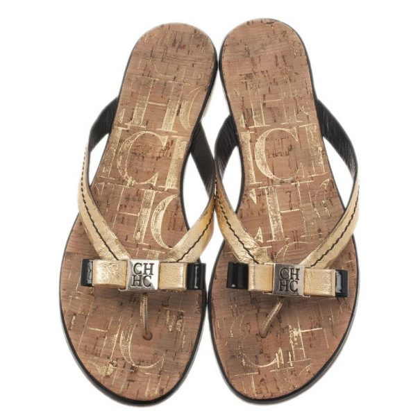 Carolina Herrera Gold Leather Thong Sandals Size 40 Women