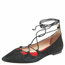 CH Carolina Herrera Black Suede Lace Up Ballet Flats Size 37 Women