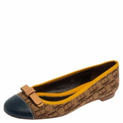 Carolina Herrera Beige/Yellow Monogram Canvas And Leather Cap Toe Bow Ballet Flats Size 37 Women