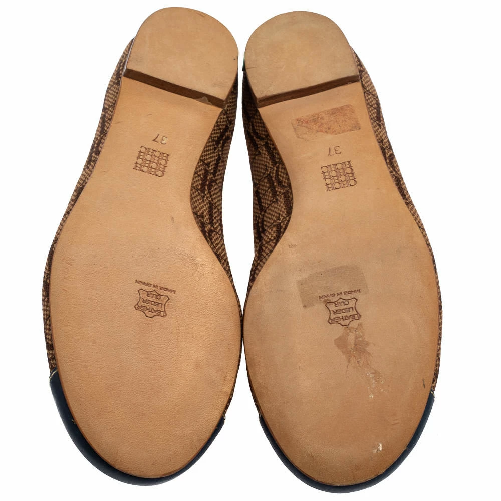 Carolina Herrera Beige/Yellow Monogram Canvas And Leather Cap Toe Bow Ballet Flats Size 37 Women