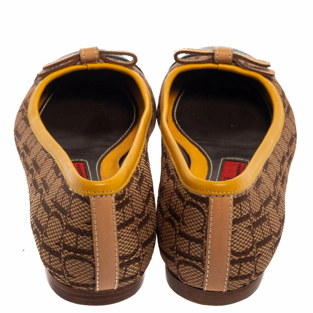 Carolina Herrera Beige/Yellow Monogram Canvas And Leather Cap Toe Bow Ballet Flats Size 37 Women