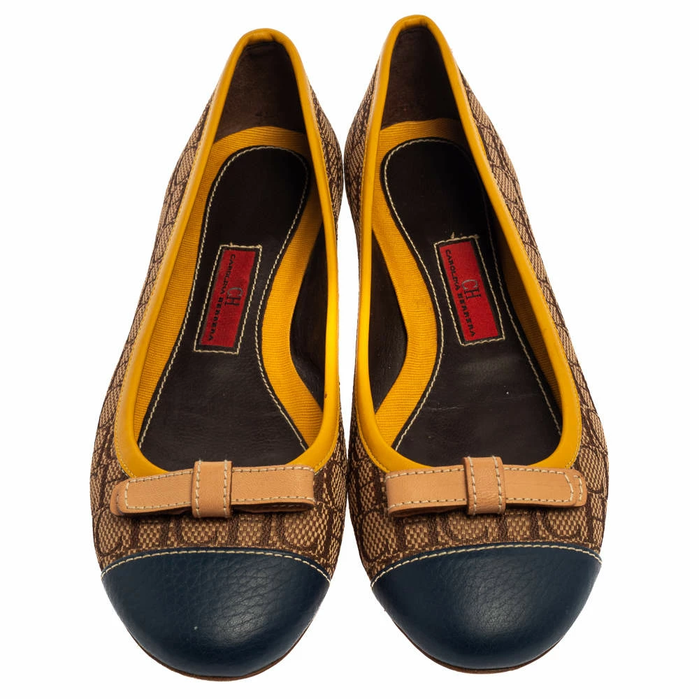Carolina Herrera Beige/Yellow Monogram Canvas And Leather Cap Toe Bow Ballet Flats Size 37 Women