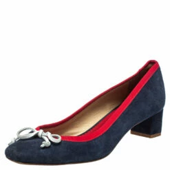 Carolina Herrera Blue Suede And Red Trim Ribbon Bow Pumps Size 38 Women