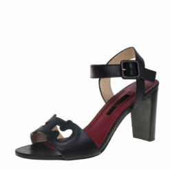 Carolina Herrera Black Leather Initials Cut Out Ankle Strap Sandals Size 38 Women