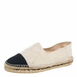 Carolina Herrera Off White/Black Canvas Cap Toe Flat Espadrilles Size 37 Women