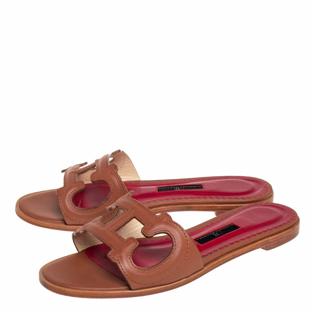 Carolina Herrera Brown Leather CH Insignia Cutout Slide Sandals Size 38 Women