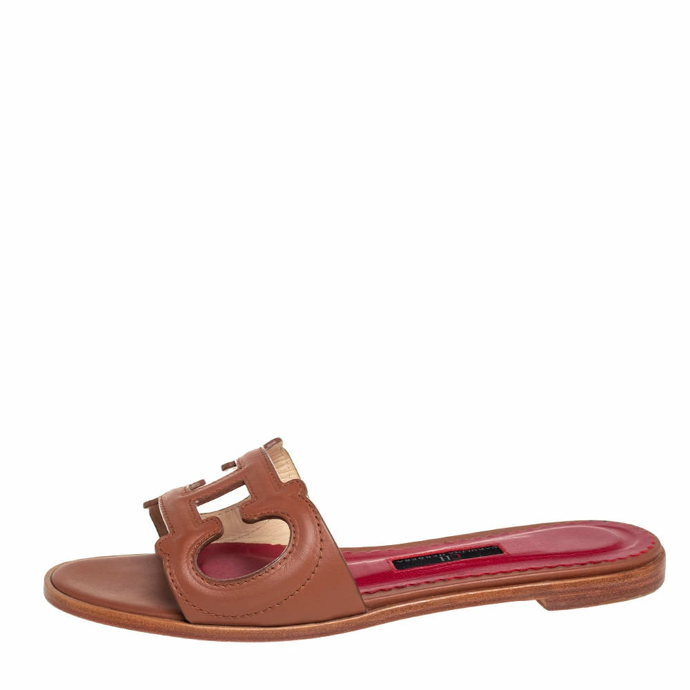 Carolina Herrera Brown Leather CH Insignia Cutout Slide Sandals Size 38 Women