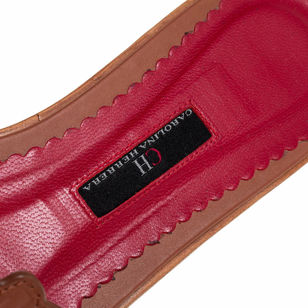 Carolina Herrera Brown Leather CH Insignia Cutout Slide Sandals Size 38 Women