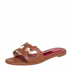 Carolina Herrera Brown Leather CH Insignia Cutout Slide Sandals Size 38 Women