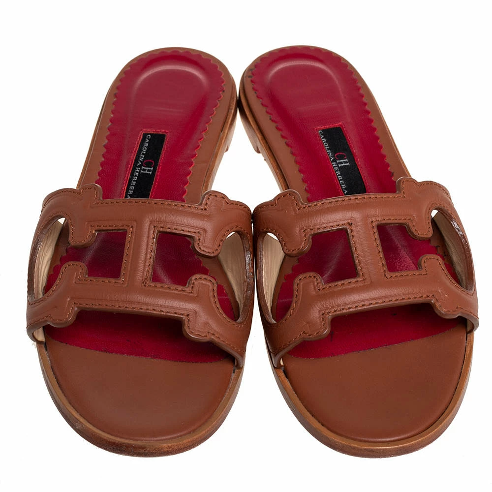 Carolina Herrera Brown Leather CH Insignia Cutout Slide Sandals Size 38 Women