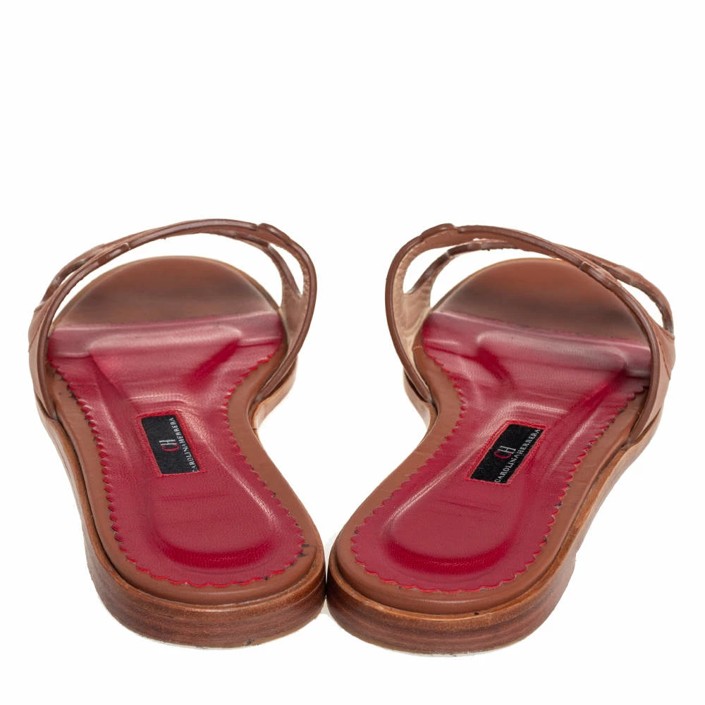 Carolina Herrera Brown Leather CH Insignia Cutout Slide Sandals Size 38 Women