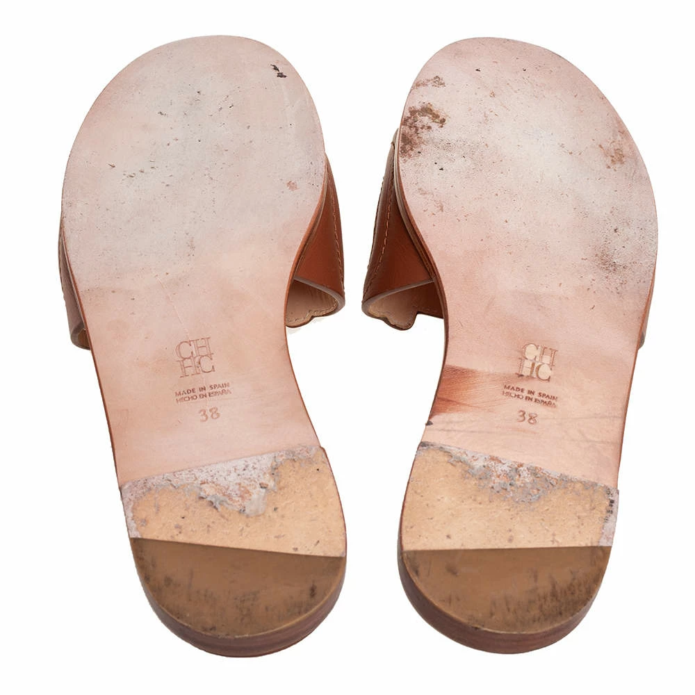 Carolina Herrera Brown Leather CH Insignia Cutout Slide Sandals Size 38 Women