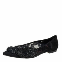 Carolina Herrera Black Lace And Suede Embellished Ballet Flats Size 38 Women