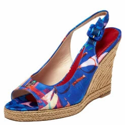 Carolina Herrera Blue Printed Satin Espadrille Wedge Sandals Size 37 Women