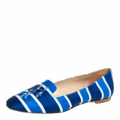 Carolina Herrera Blue/White Stripe Fabric Smoking Slippers Size 40 Women