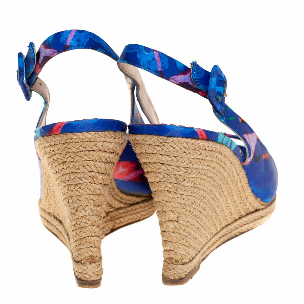 Carolina Herrera Blue Printed Satin Wedge Espadrille Slingback Sandals Size 39 Women