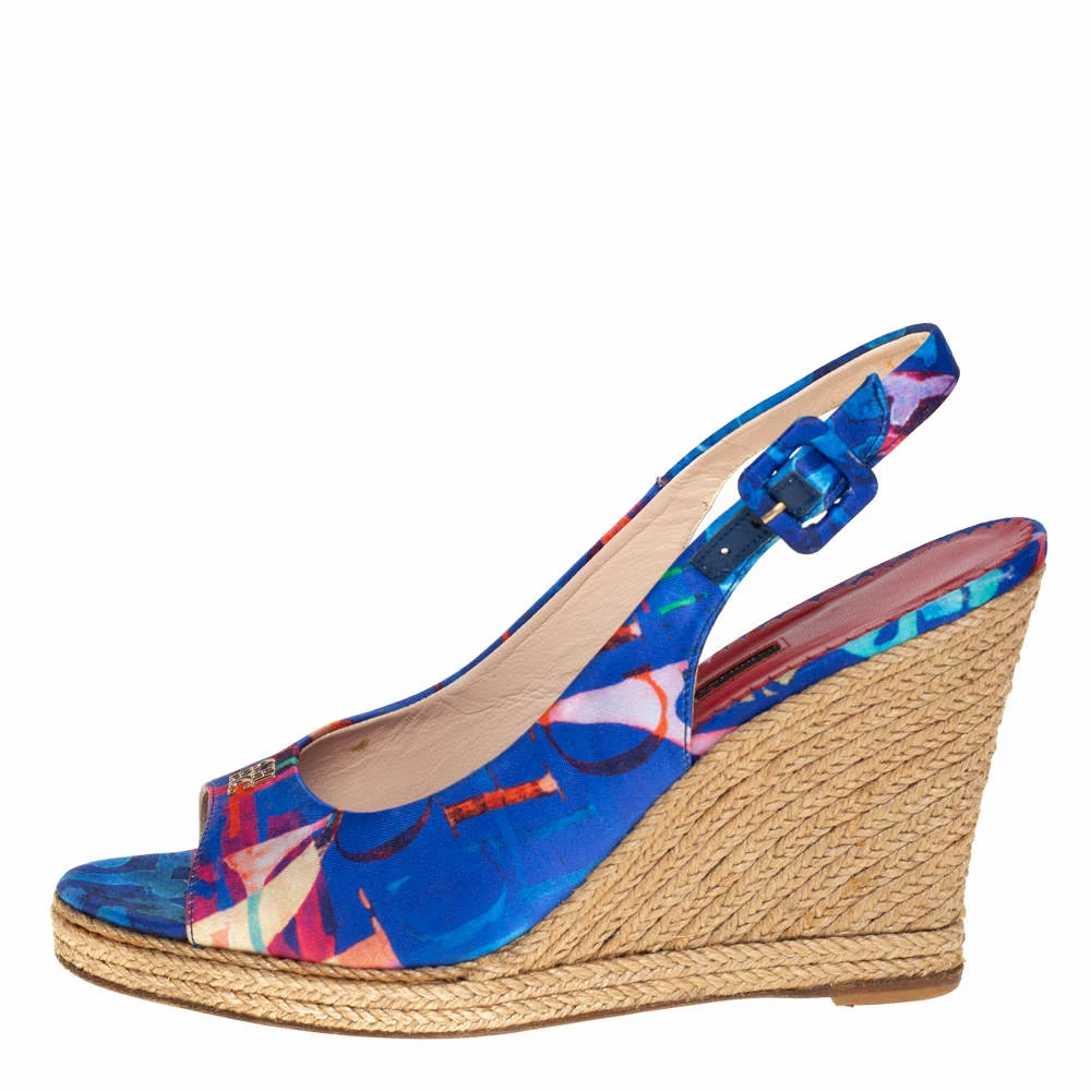 Carolina Herrera Blue Printed Satin Wedge Espadrille Slingback Sandals Size 39 Women