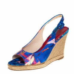 Carolina Herrera Blue Printed Satin Wedge Espadrille Slingback Sandals Size 39 Women